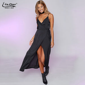 New Womens Khaki Spaghetti Strap Silk Dress Eliacher Brand Casual Plus Size Loose V-Neck Wrap Maxi Dress Sashes Vestido 8701