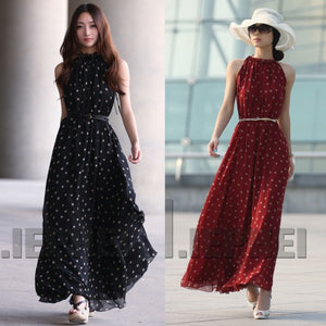 Women Boho Long Maxi Chiffon Dress Sleeveless Polka Dot Dress