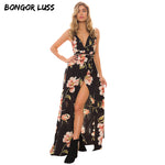 BONGOR LUSS Summer Maxi Dress Women Floral Print Dress V-Neck Sleeveless Spaghetti Strap Backless Side Split Sexy Long Dress