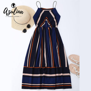 AZULINA Casual Striped Beach Dress Women Sexy Sleeveless Spaghetti Strap Midi A Line Summer Party Dress 2018 Sundress Vestidos