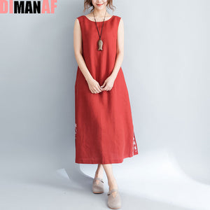 DIMANAF Summer Style Dress Plus Size Women Linen Split Solid Sleeveless Vest Sundress Female Sweet New Beach New Dresses Pocket