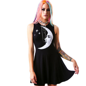 Punk Rock Dark Street Show Cartoon Fashion Personality Sleeveless Moon Print Dress Sexy Women's Black Gothic Dress S-XXL Size