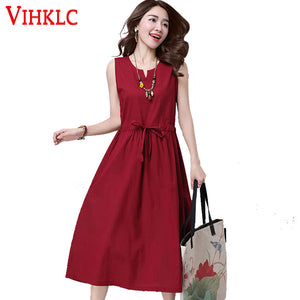 Women Dresses New 2017 National wind Summer Women Dress Sleeveless Pure color V-Neck Women Casual Dress Large Size S-XXL A636