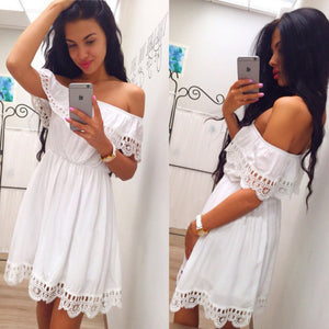 Fashion Women Elegant Vintage sweet lace white Dress Stylish Sexy Slash Neck Casual Slim Beach Autumn Summer Sundress vestidos