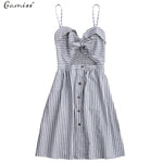 Gamiss 2017 Striped Front Knot Tie Cutout Cami Dress Women Spaghetti Strap Cotton Linen Summer Sundresses Casual Beach Vestidos