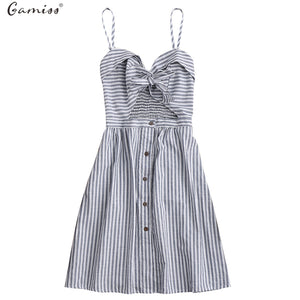 Gamiss 2017 Striped Front Knot Tie Cutout Cami Dress Women Spaghetti Strap Cotton Linen Summer Sundresses Casual Beach Vestidos