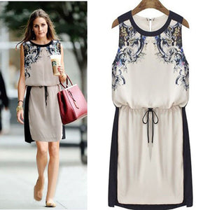 Fat mm 2018 large size women summer European high-end digital printing sleeveless thin waist bandage dress 5160