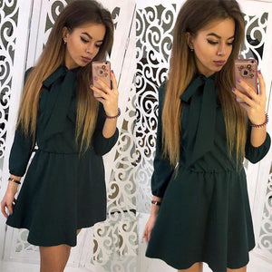 Women Fashion Bow Causal Party Dress Wrist Sleeve A-line O neck Solid Vintage Dress 2018 Spring Plus Size Women Mini Dresses