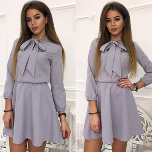 Women Fashion Bow Causal Party Dress Wrist Sleeve A-line O neck Solid Vintage Dress 2018 Spring Plus Size Women Mini Dresses