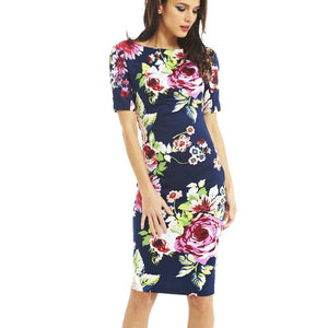 Women Dress Elegant Floral Print Work Business Casual Party Summer Sheath Vestidos 106-12