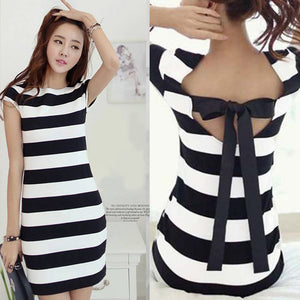 Plus Size Women K-pop Dress Korean Cut Out Tie Bow Backless Short Sleeve Striped Summer Dress Mini Bandage Sexy Casual Dress