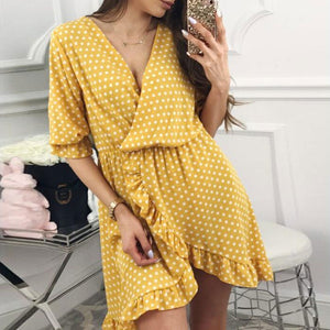 GUMPRUN Polka Dot Print Elagant Red Dress Women Sexy V Neck Ruffles Short Dresses Summer 2018 Casual Beach Dress vestidos female