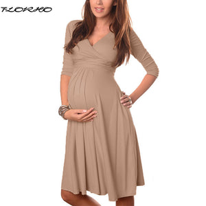 Maternity Clothes 2018 Spring Summer Pregnant Women Dress Casual Sexy V Neck 3/4 Sleeve Solid A-line Dresses Vestidos Plus Size