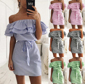 Off Shoulder Strapless Striped Ruffles Dress Women 2018 Summer Sundresses Beach Casual Shirt Short Mini Party Dresses Robe Femme