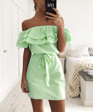 Off Shoulder Strapless Striped Ruffles Dress Women 2018 Summer Sundresses Beach Casual Shirt Short Mini Party Dresses Robe Femme