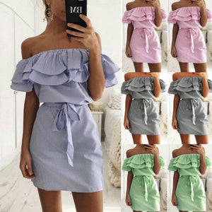Off Shoulder Strapless Striped Ruffles Dress Women 2017 Summer Sundresses Beach Casual Shirt Short Mini Party Dresses Robe Femme