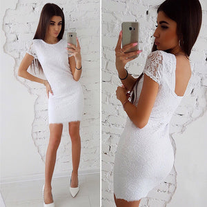 2018 Summer Fashion Women White Lace Dresses Casual O-Neck Short Sleeve Slim Dress Sexy Bodycon Sheath Mini Vestidos