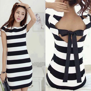 Plus Size Women K-pop Dress Korean Cut Out Tie Bow Backless Short Sleeve Striped Summer Dress Mini Bandage Sexy Casual Dress